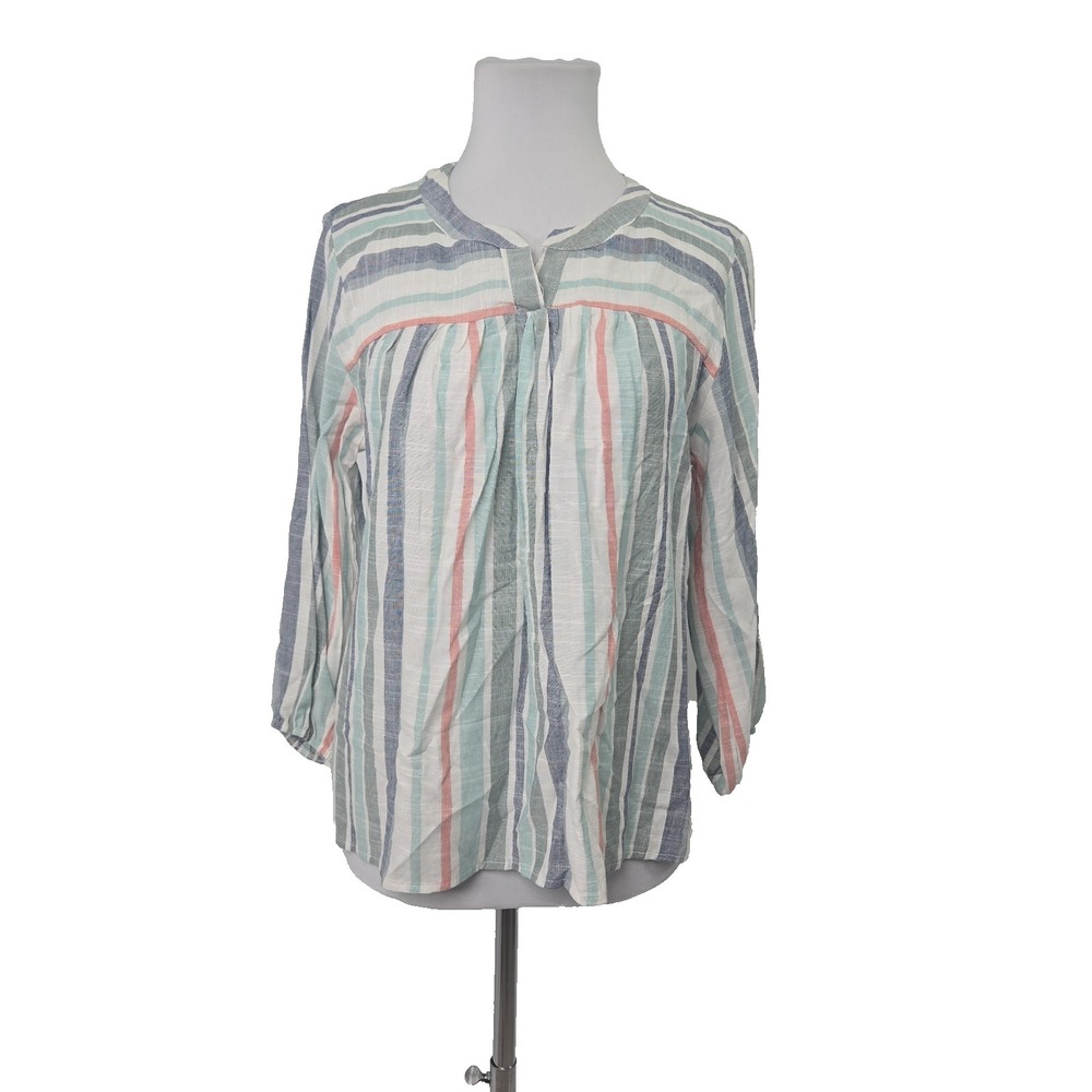 Knox Rose Small Striped 3/4 Sleeve Gauzy Rayon Cotton‎ Woven Blouse Top